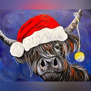 Original Art Santa Highland Cow Painting Signed by the Artist-Me :)